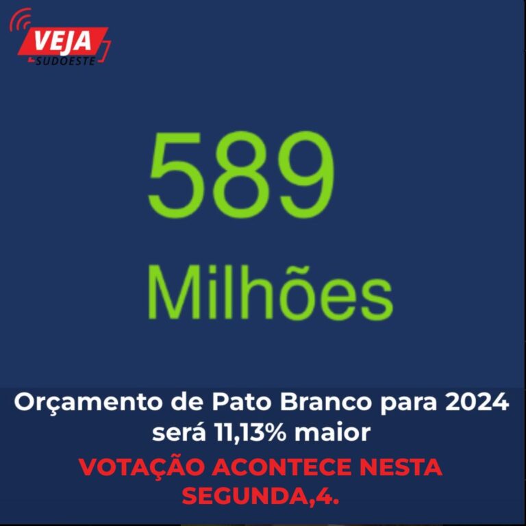 Orçamento de R$ 589 milhões para Pato Branco usar em 2024, será aprovado na tarde desta segunda-feira