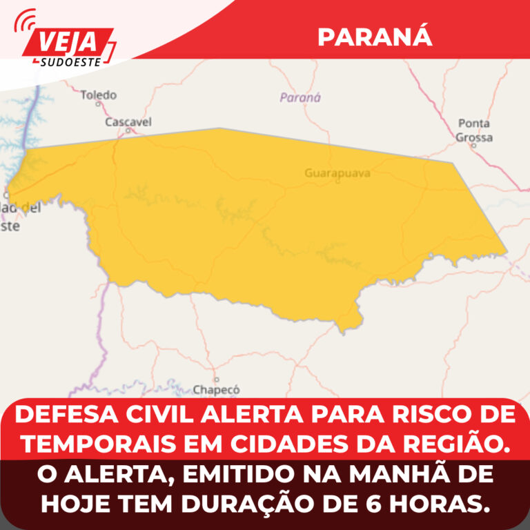 Defesa Civil alerta para risco de temporais em cidades da região.