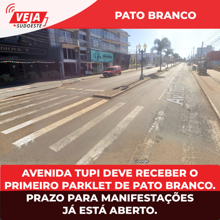 Avenida Tupi deve receber o primeiro parklet de Pato Branco. Prazo para manifestações já está aberto.