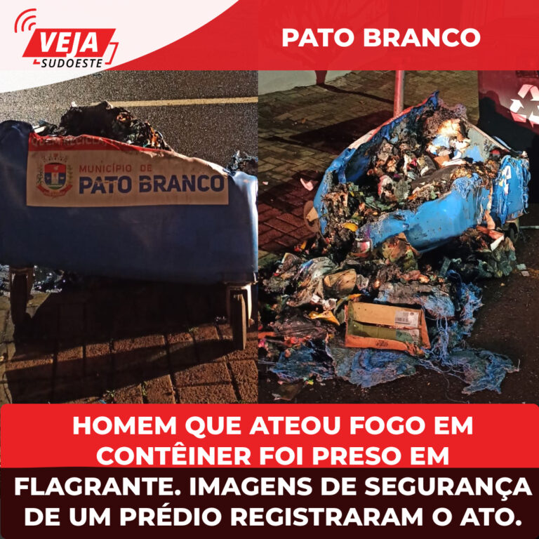 Homem que ateou fogo em contêiner foi preso em flagrante. Imagens de segurança de um prédio registraram o ato.