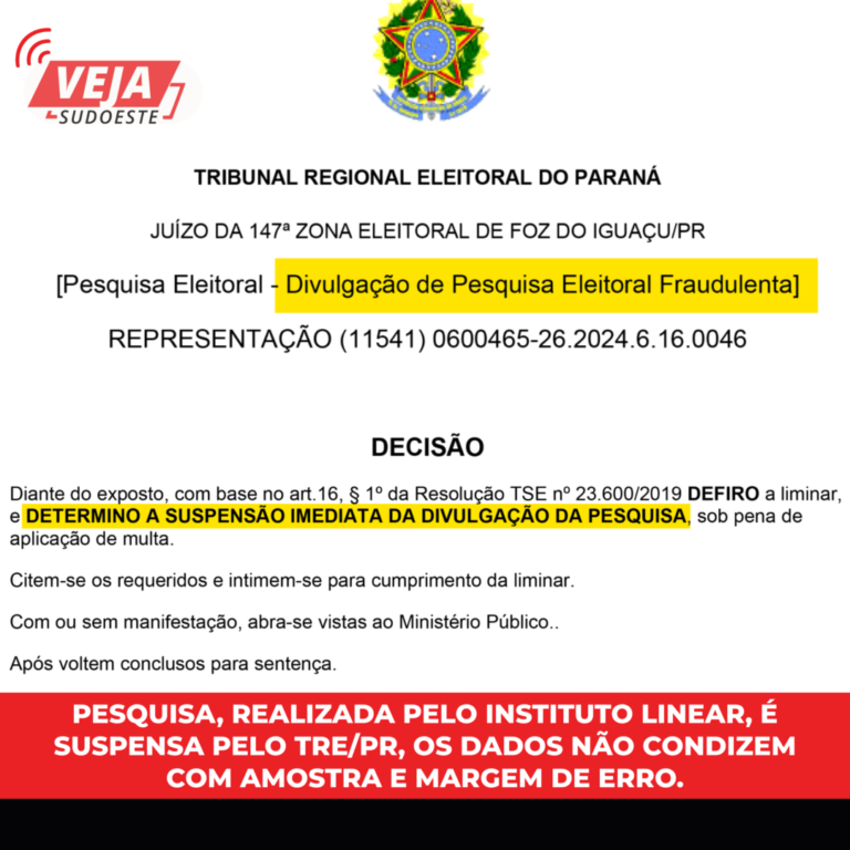 Pesquisa, realizada pelo instituto LINEAR, é suspensa pelo TRE/PR, os dados não condizem com amostra e margem de erro. 