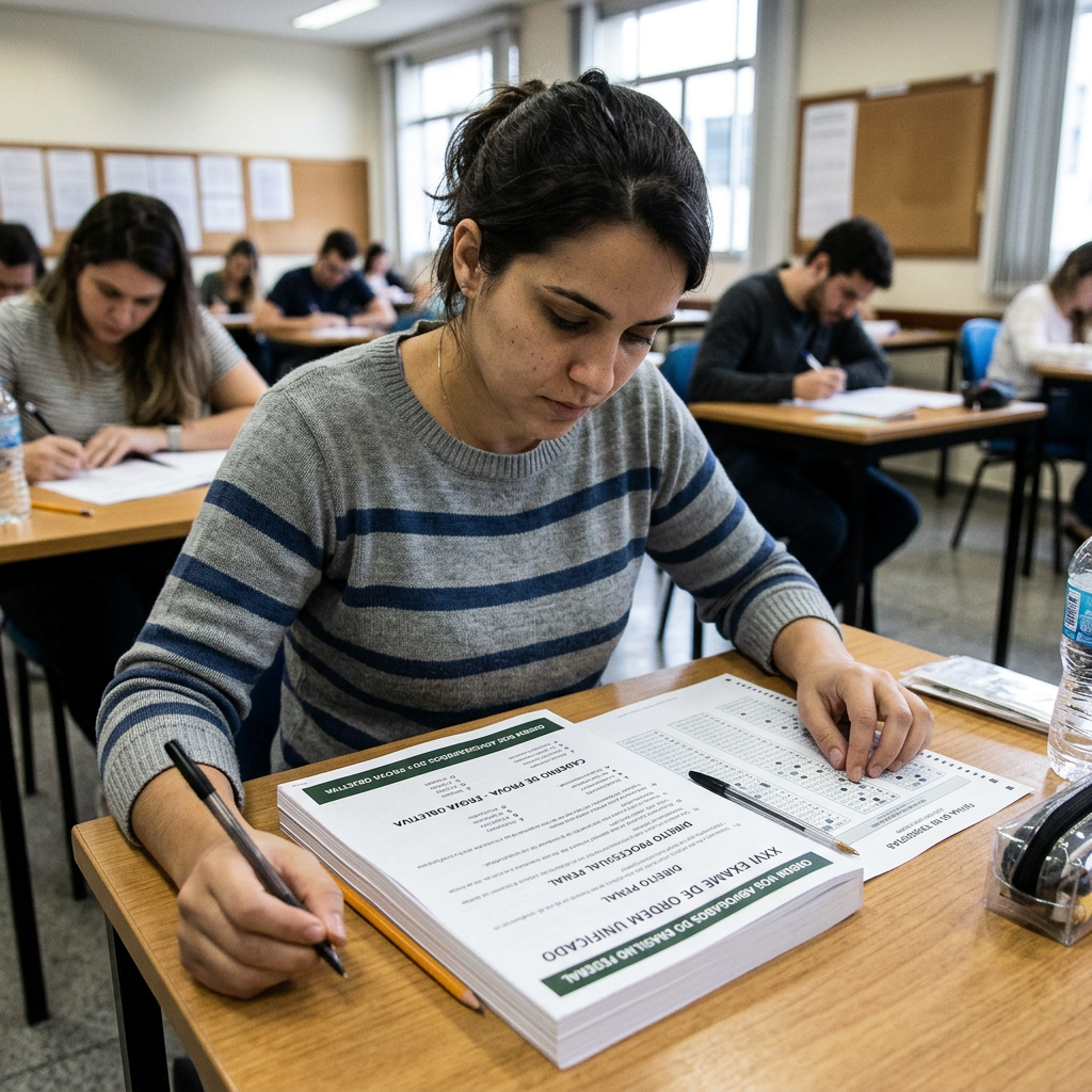 Student writing an exam at a classroom desk while classmates work nearby