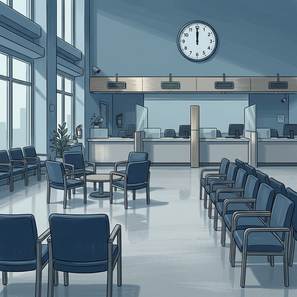 Empty modern waiting room with chairs and service counters